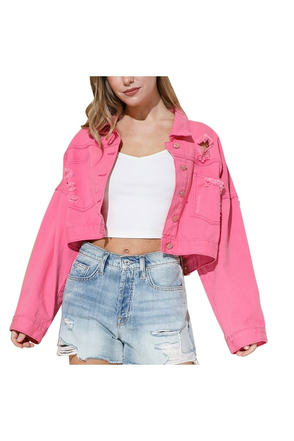 Womens Ripped Cropped Denim Jacket Casual Tassel Jean Coat with Silver Rhinestone Fringe