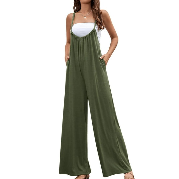 jsaierl Womens Rompers and Jumpers, Women's Casual Sleeveless Loose Straps Solid High Waist Wide Leg Jumpsuit Rompers With Pocket