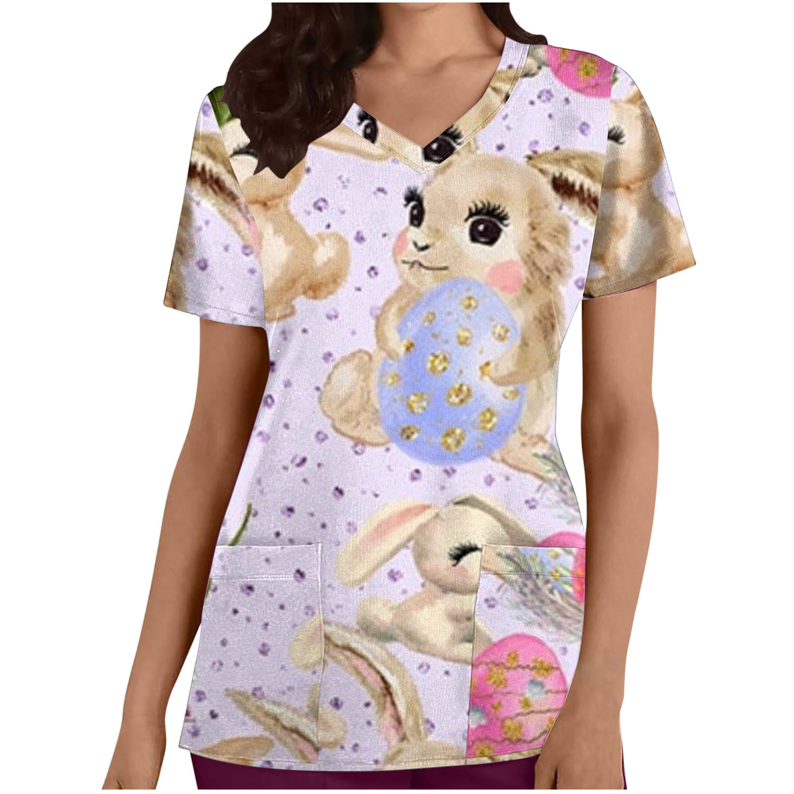 jsaierl Womens Scrub Tops, Women's Easter Scrub Tops Cute Rabbit Eggs