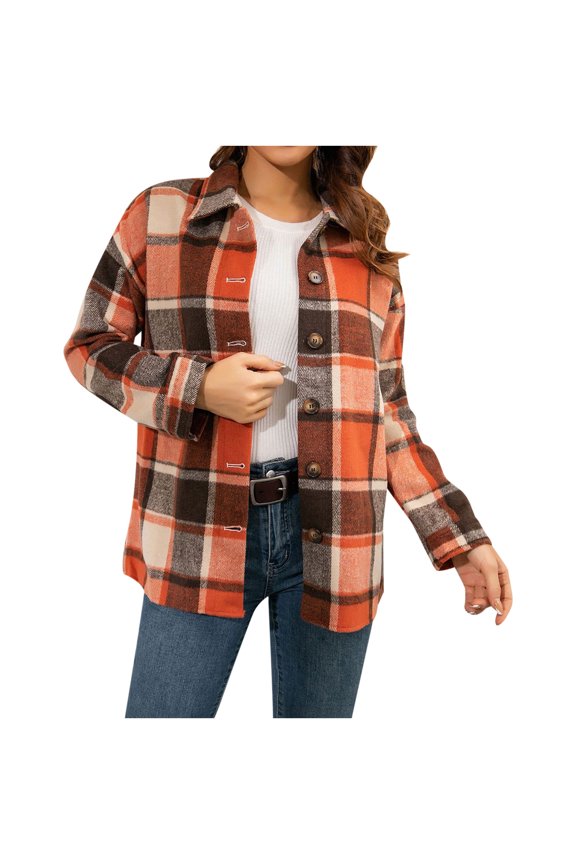 Womens Shacket Jacket Flannel Shacket Fall Plaid Jackets Long Sleeve Button Down Shirts Boyfriend Blouses Tops