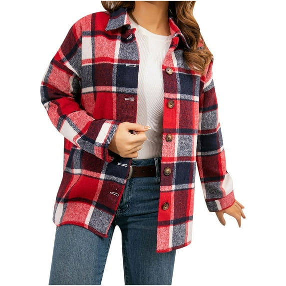 jsaierl Womens Shacket Jacket Flannel Shacket Fall Plaid Jackets Long Sleeve Button Down Shirts Boyfriend Blouses Tops