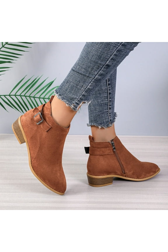 Womens Slip on Ankle Boots Faux Suede Slip on Short Booties Pointed Toe Chunky Low Heel Dressy Western Booties with Side Zipper
