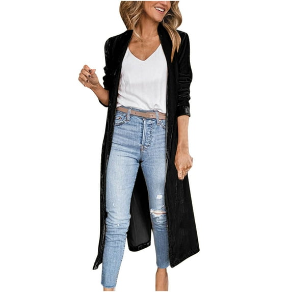 jsaierl Womens Solid Color Casual Velvet Long Sleeve Pocket Maxi Cardigan Jacket Tops Split Fork Blouse Coat