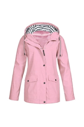 Womens Solid Rain Jacket Outdoor Plus Size Waterproof Hooded Raincoat Windproof
