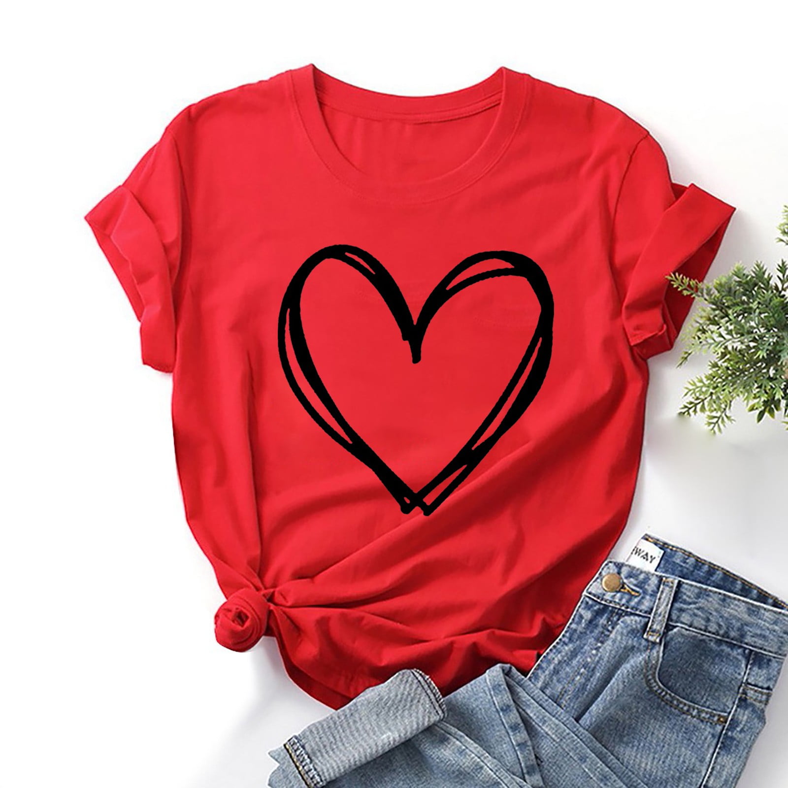 Women's Cute Heart Print Short Sleeve T-Shirt - Casual Valentine's Day Graphic Tee Top - View #3
