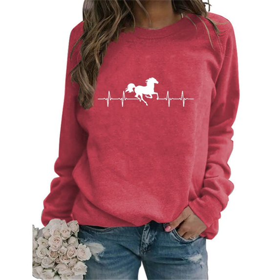 jsaierl Womens Sweatshirt Crewneck Horse Graphic Top Long Sleeve Cute Shirt Lightweight Funny Pullover Sweatshirt