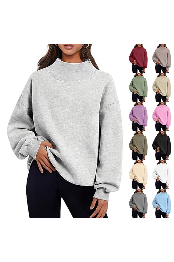 Womens Sweatshirts Mock Neck Drop Shoulder Pullover Top Fall Long Sleeve Ribbed Trim Split Lightweight Sweatshirt