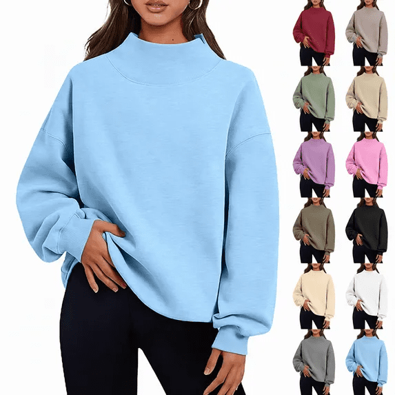 Jsaierl Womens Sweatshirts Mock Neck Drop Shoulder Pullover Top Fall Long Sleeve Ribbed Trim Split Lightweight Sweatshirt