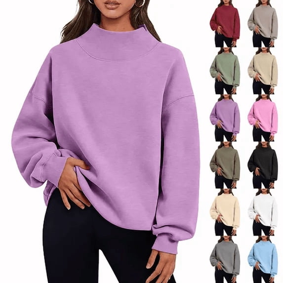 Jsaierl Womens Sweatshirts Mock Neck Drop Shoulder Pullover Top Fall Long Sleeve Ribbed Trim Split Lightweight Sweatshirt