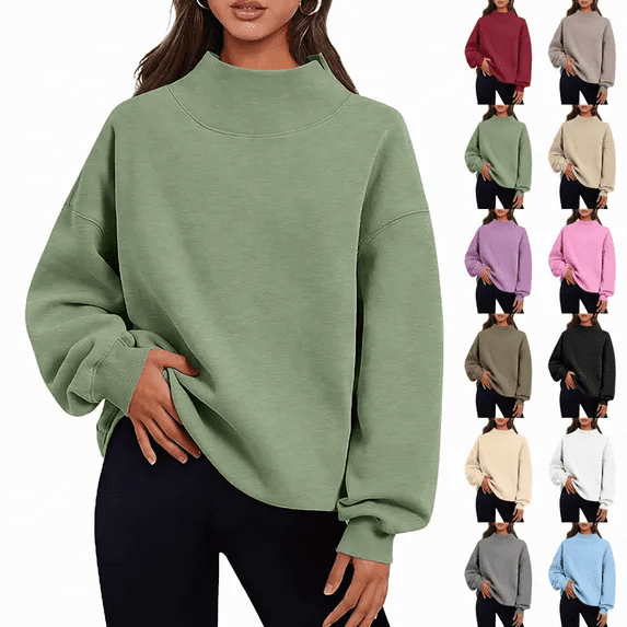 Jsaierl Womens Sweatshirts Mock Neck Drop Shoulder Pullover Top Fall Long Sleeve Ribbed Trim Split Lightweight Sweatshirt