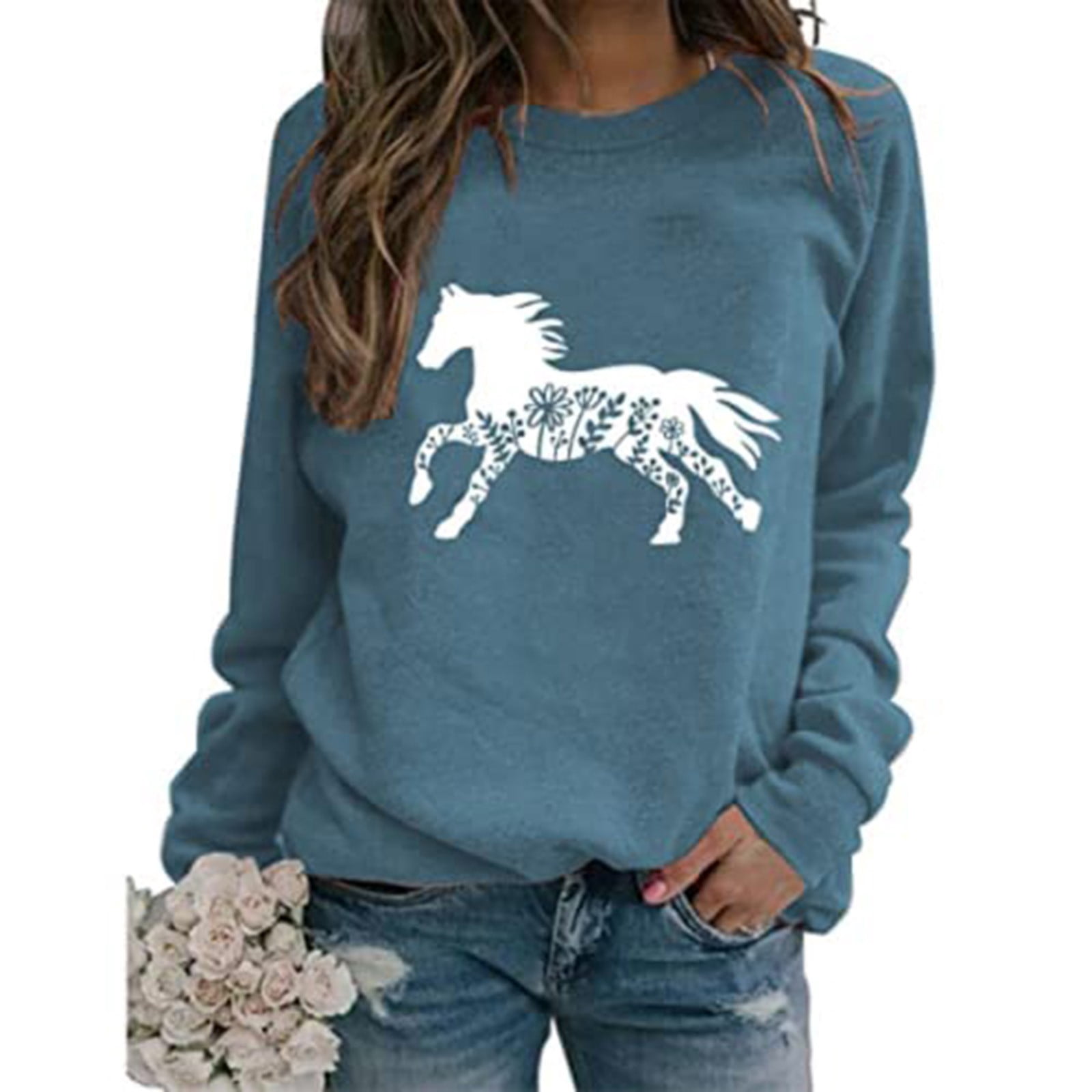 Women's Square Riding Style Horse Print Long Sleeve Casual Shirt main image 1