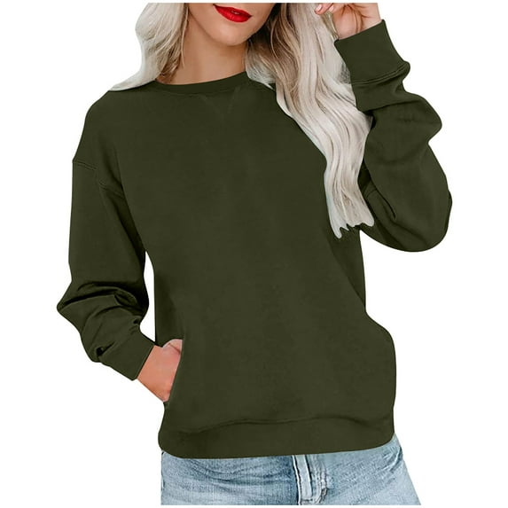 jsaierl Womens Sweatshirts Round Neck Solid Color Top Trendy Pullover Sweatshirt Long Sleeve Casual Shirt Blouse with Pockets