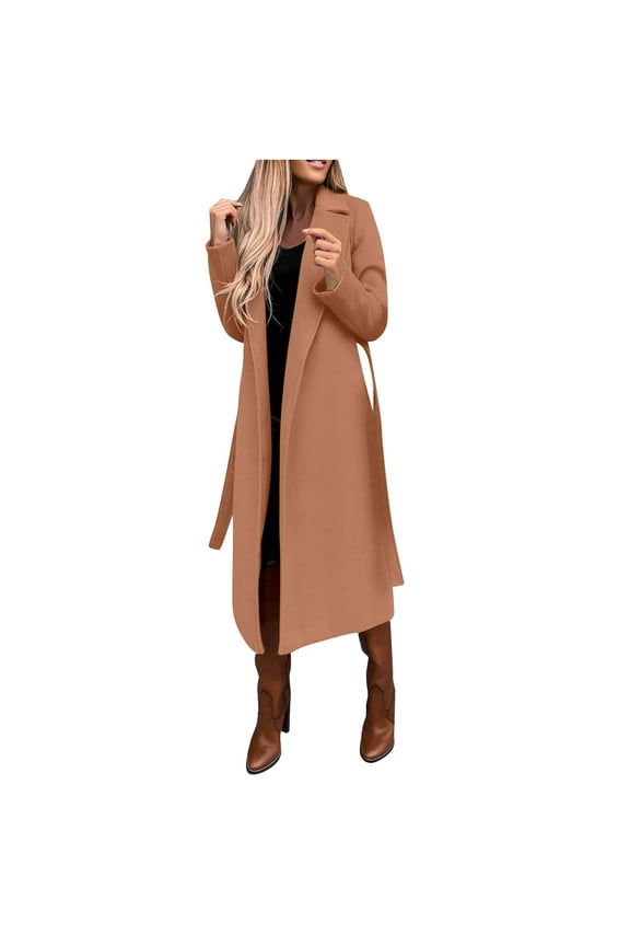 Womens Trench Coat Long Faux Wool Coat Winter Notched Lapel Open Front Trench Jacket Slim Pea Coat Warm Cardigan Overcoat Outwear with Belt