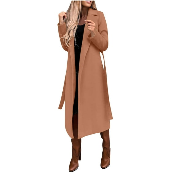 jsaierl Womens Trench Coat Long Faux Wool Coat Winter Notched Lapel Open Front Trench Jacket Slim Pea Coat Warm Cardigan Overcoat Outwear with Belt