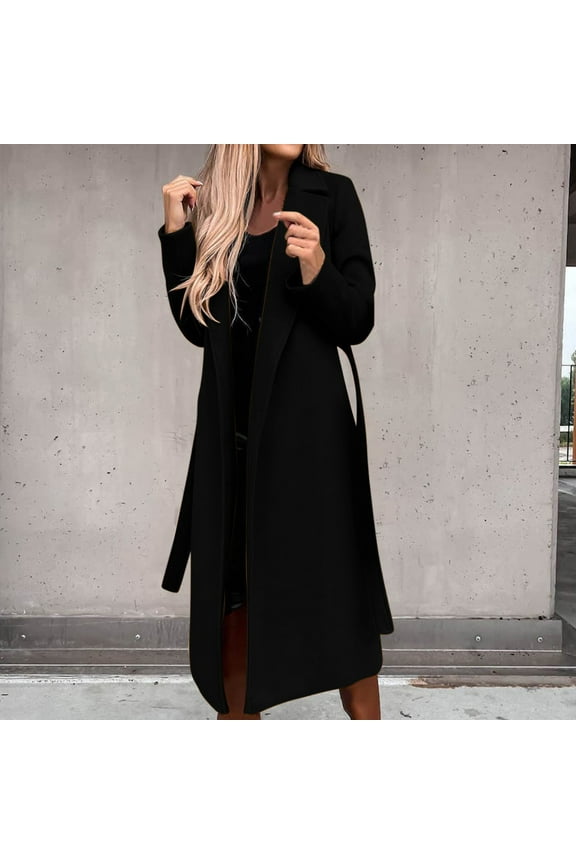 Womens Trench Coat Long Faux Wool Coat Winter Notched Lapel Open Front Trench Jacket Slim Pea Coat Warm Cardigan Overcoat Outwear with Belt