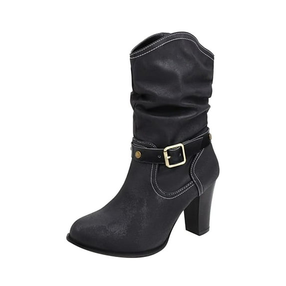 jsaierl Womens Western Ankle Boots Chunky Heel Pointed Toe Buckle Strap Zipper Mid Calf Winter Booties