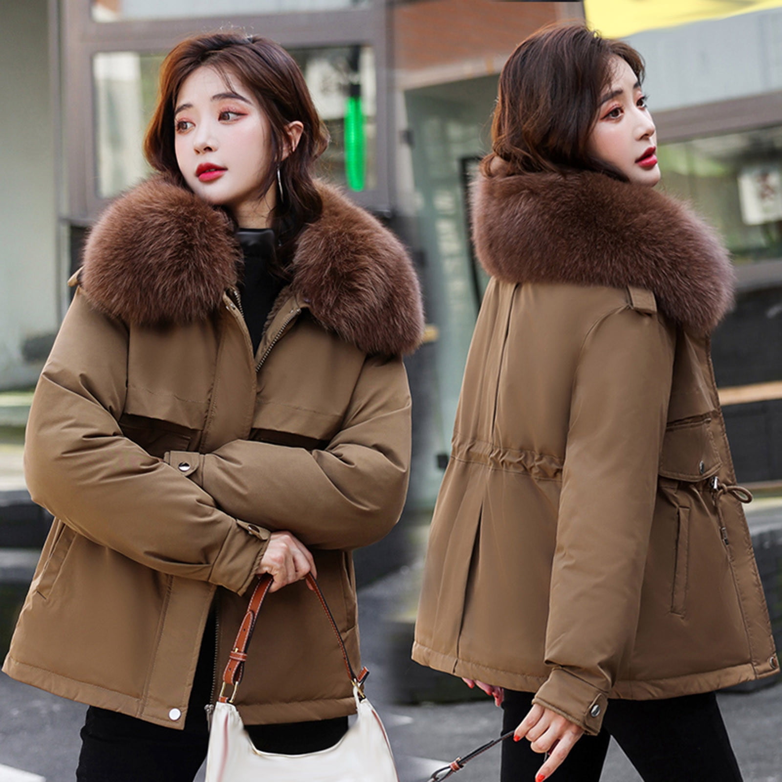 Herrnalise Womens Winter Jacket Warm Overcoat Slim Fur-Collar Zipper  Thicker Coat Outwear Winter Clothes for Women 