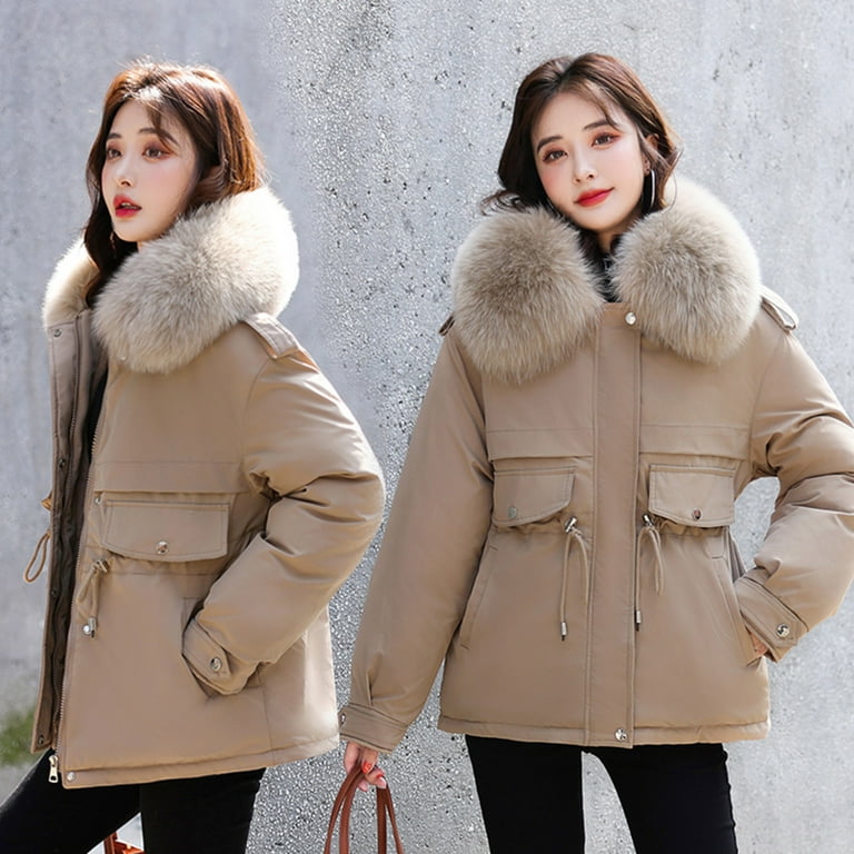 jsaierl Womens Winter Jacket Warm Overcoat Slim Faux Fur-Collar Zipper  Thicker Coat Outwear