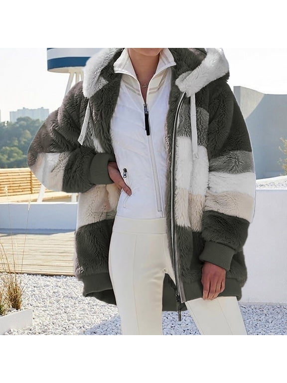 Womens Zip Up Plush Flannel Color Block Stitching Sherpa Jacket Coat Winter Warm Fleece Blanket Jackets with Hood for Women