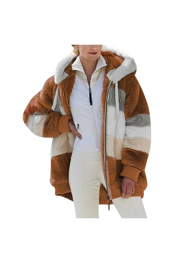 Womens Zip Up Plush Flannel Color Block Stitching Sherpa Jacket Coat Winter Warm Fleece Blanket Jackets with Hood for Women