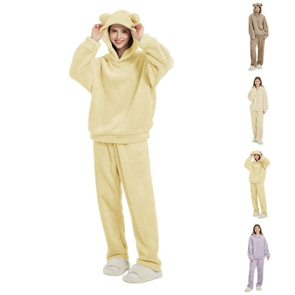 jtjvou 2 Piece Lounge Sets for Women Fuzzy Fleece Pajamas, Cute Bear Ear Hoodies with Long Pants Matching Sleepwear Outfits Beige L
