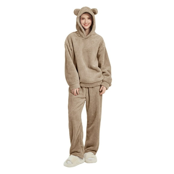 jtjvou 2 Piece Lounge Sets for Women Fuzzy Fleece Pajamas, Cute Bear Ear Hoodies with Long Pants Matching Sleepwear Outfits Brown XL