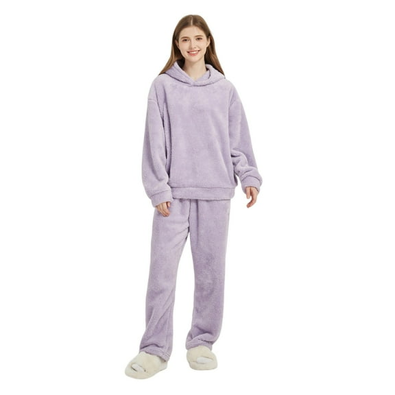 jtjvou 2 Piece Lounge Sets for Women Fuzzy Fleece Pajamas, Cute Bear Ear Hoodies with Long Pants Matching Sleepwear Outfits Purple L