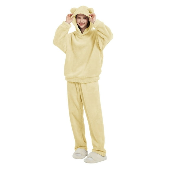 jtjvou 2 Piece Lounge Sets for Women Fuzzy Fleece Pajamas, Cute Bear Ear Hoodies with Long Pants Matching Sleepwear Outfits Yellow L