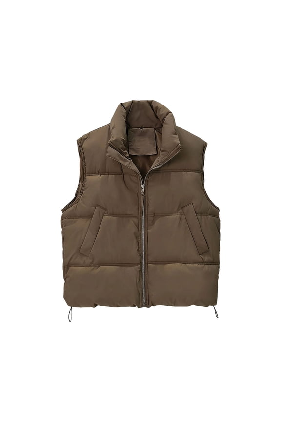 2025 Fall Winter Women Zip Up Puffer Vest Stand Collar Quilted Gilet Lightweight Sleeveless Jackets with Pockets Brown M