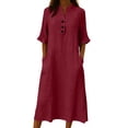 thumbnail image 1 of jtjvou 3/4 Sleeve Cotton Midi Dress for Women Summer Loose Button Up Stand Collar Beach Vacation A-Line Dresses with Pockets Wine XXL, 1 of 6