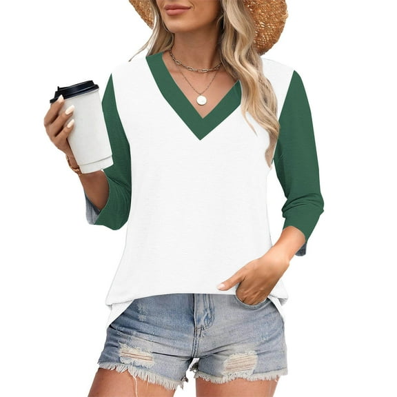 jtjvou 3/4 Sleeve V-Neck Blouse Loose Women's T-Shirt Casual Soft Comfortable Fashion Top for Home Daily Wear Stylish Apparel Green XXL