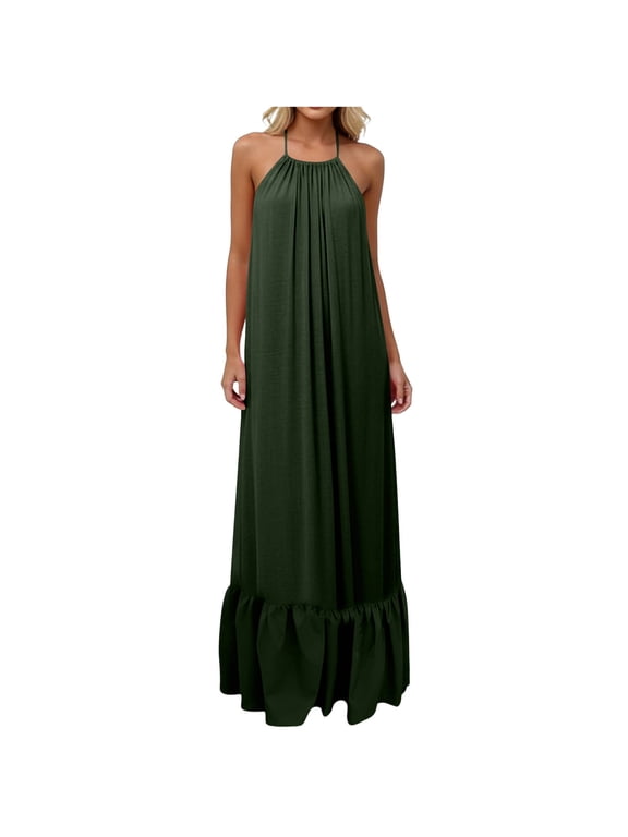 Backless Cami Dresses for Women Spaghetti Strap Linen Halter Dress Summer Casual Flowy Loose Maxi Sundresses Army Green L