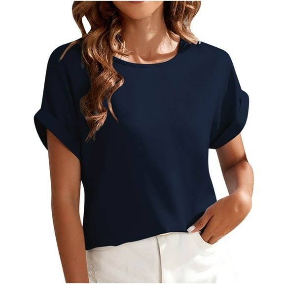 jtjvou Basic Tees for Women Round Neck Raglan Shoulder Roll Up Short Sleeve T-Shirt Classic-Fit Work Office Blouse Tee Blue XXL