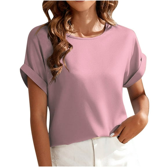 jtjvou Basic Tees for Women Round Neck Raglan Shoulder Roll Up Short Sleeve T-Shirt Classic-Fit Work Office Blouse Tee Pink XXL