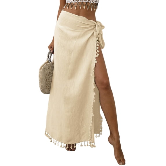 jtjvou Beach Maxi Skirts for Women Tassels High Slit Long Skirt Vacation Skirts Summer Trendy Skirt Beige Free Size