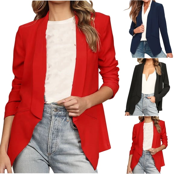 jtjvou Blazer for Women Open Front Shawl Lapel Suit Jacket Solid Slim Lightweight Blazers Long Sleeve Spring Summer Jacket Black L