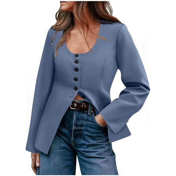 jtjvou Blazers for Women Business Casual Long Sleeve Button Down Neck Split Hem Fitted Suit Jacket Office Work Blazer Blue XL