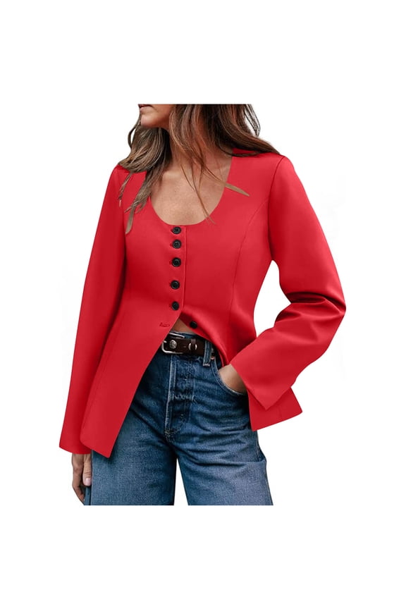 Blazers for Women Business Casual Long Sleeve Button Down Neck Split Hem Fitted Suit Jacket Office Work Blazer Red L