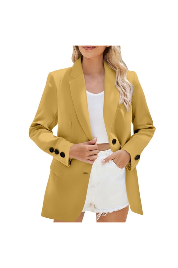 Blazers for Women Business Casual Long Sleeve Lapel Collar Open Front Suit Jacket Office Work Blazer with Pockets Yellow L