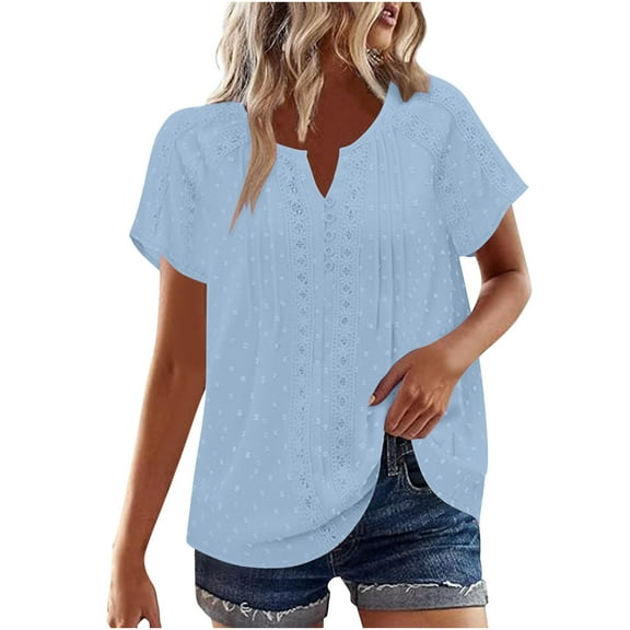jtjvou Boho Lace T-Shirts for Women Summer Tops Trendy Casual Pleated V Neck Blouse Loose Short Sleeve Tunic Shirt Blue L