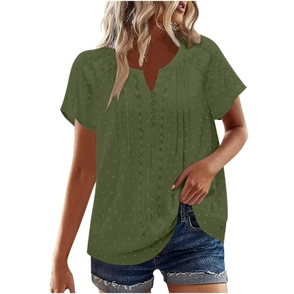 jtjvou Boho Lace T-Shirts for Women Summer Tops Trendy Casual Pleated V Neck Blouse Loose Short Sleeve Tunic Shirt Green M
