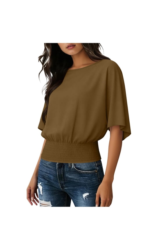Boho Tops for Women Spring Crew Neck Short Sleeve Banded Bottom T Shirts Basic Blouses Business Casual Clothes Brown S
