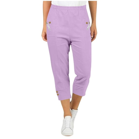 jtjvou Capri Pants for Women High Elastic Waist Lightweight Capris with Zipper Pockets Casual Solid Color Cropped Trousers Purple L