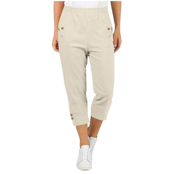 jtjvou Capri Pants for Women High Elastic Waist Lightweight Capris with Zipper Pockets Casual Solid Color Cropped Trousers Yellow L