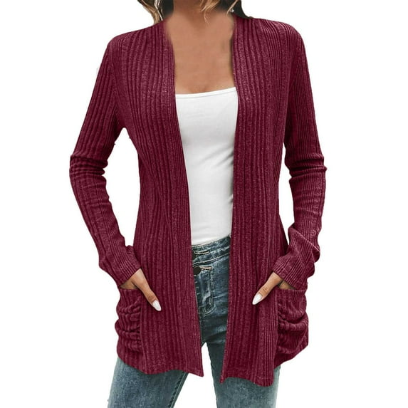 jtjvou Cardigan Sweaters for Women Cable Knitted Open Front Long Sleeve Winter Jacket Casual Loose Outerwear with Pockets,Red,M