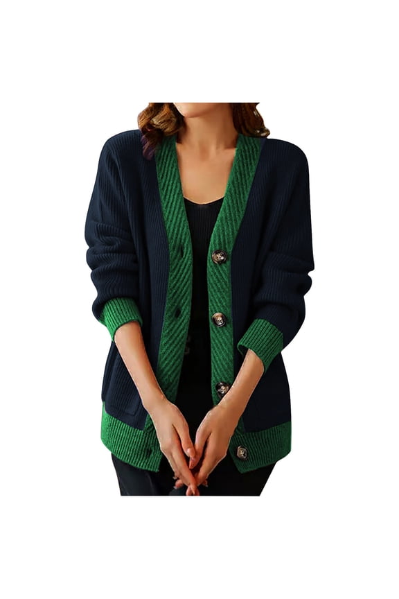 Cardigan Sweaters for Women Color Block V Neck Long Sleeve Button Down Knitted Cozy Open Front Outerwear Jacket Blue S