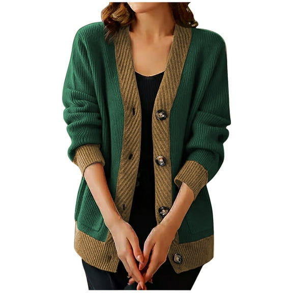 jtjvou Cardigan Sweaters for Women Color Block V Neck Long Sleeve Button Down Knitted Cozy Open Front Outerwear Jacket Green M