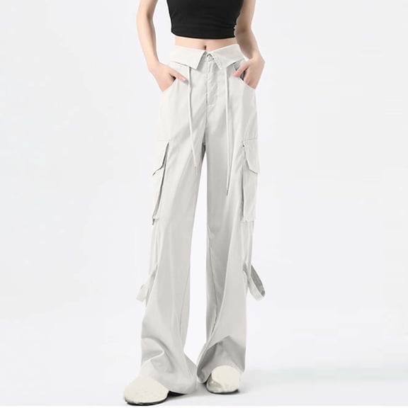 jtjvou Cargo Pants Women Straight Wide Leg High Waist Trendy Work Pant Comfy Casual Solid Color Sweatpants with Pockets White S