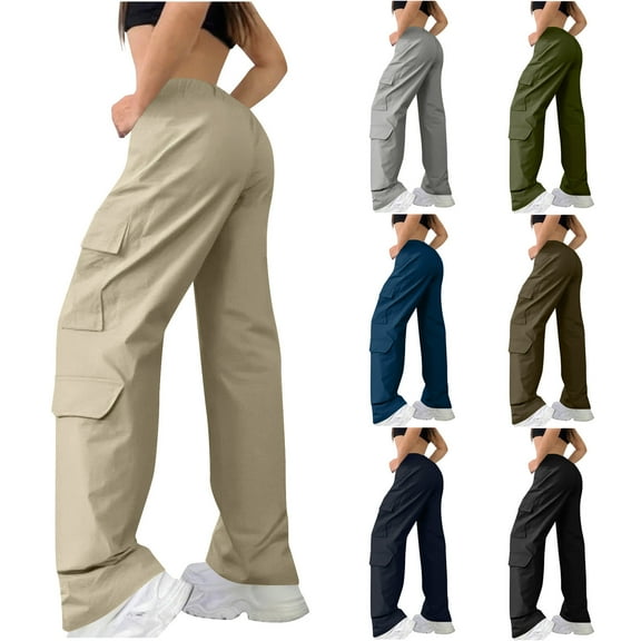 jtjvou Cargo Pants for Women High Waisted Hiking Pants Baggy Stretchy Wide Leg Pant Y2K Streetwear with Pockets Green L