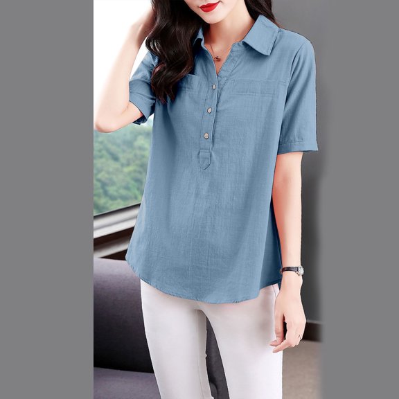 jtjvou Casual Cotton Linen Shirts for Women Vintage Lightweight Short Sleeve Button Down Henley Shirt Loose Fit Tops Blue XL